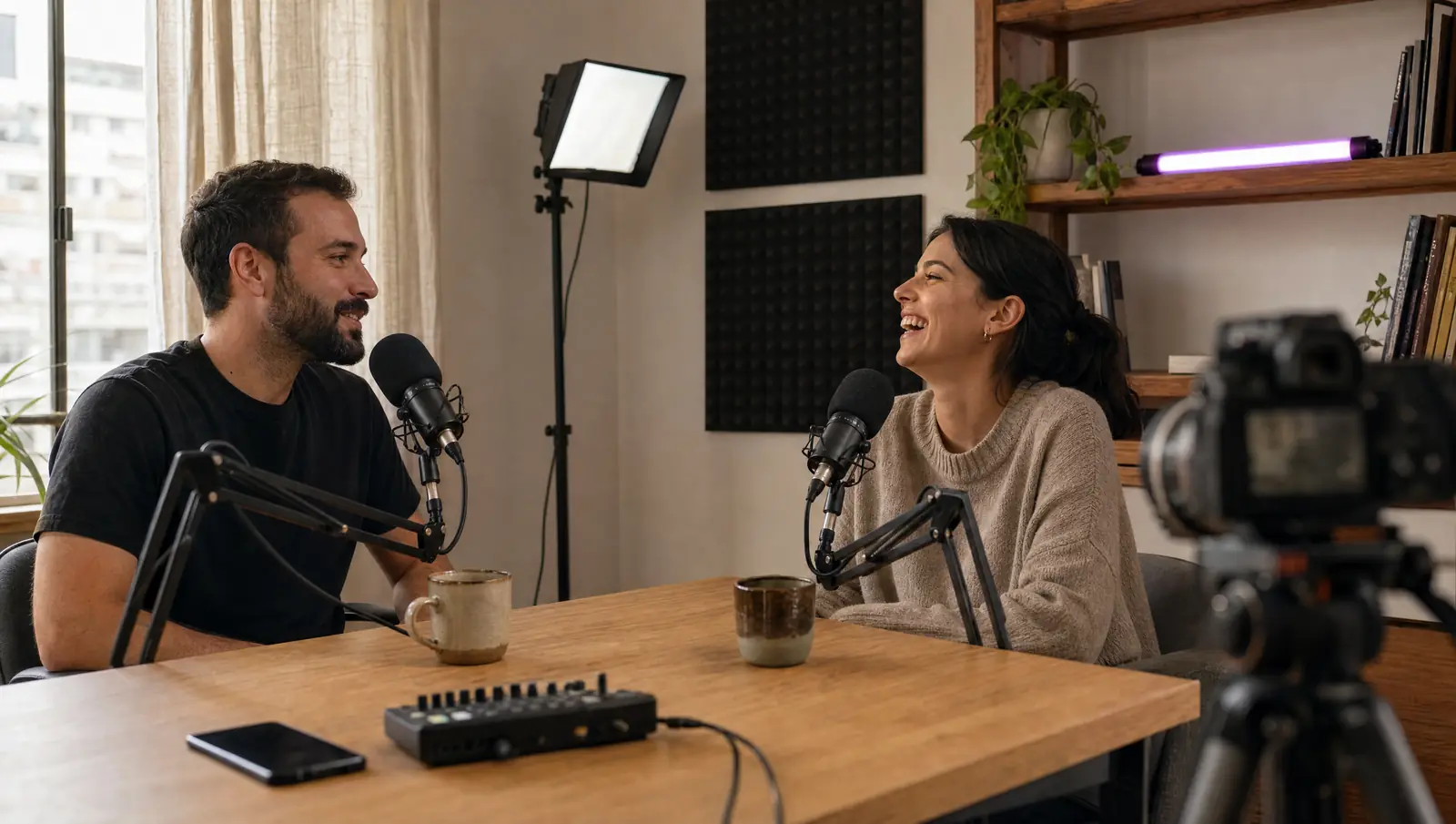 Ακατέργαστο οριζόντιο πλάνο από podcast σε σπίτι στην Αθήνα: δύο άνθρωποι μιλούν σε μικρόφωνα